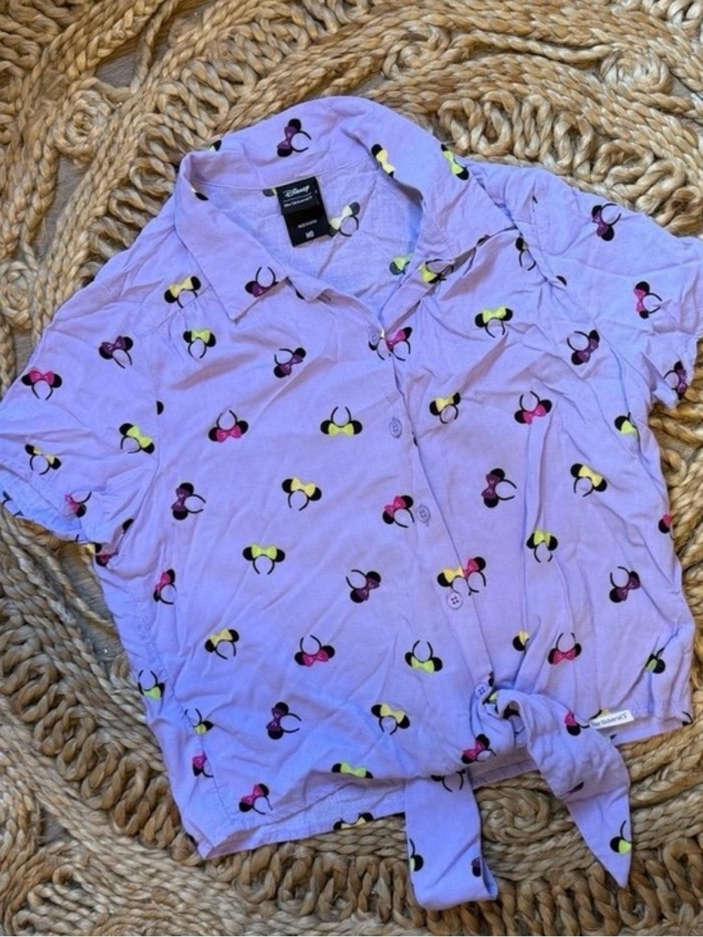 Her Universe Lavender Disney Minnie Mouse Button-Front Shirt with Neon Bows